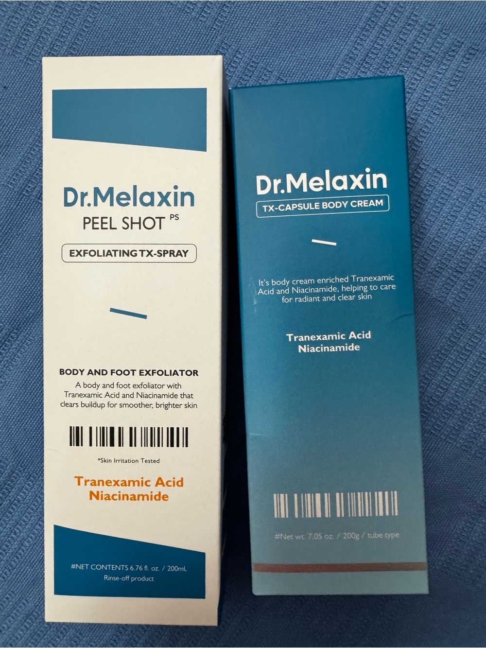 NIB Dr.Melaxin TX-Capsule Body Cream & Body/Foot Exfoliating Peel Shot TX Spray